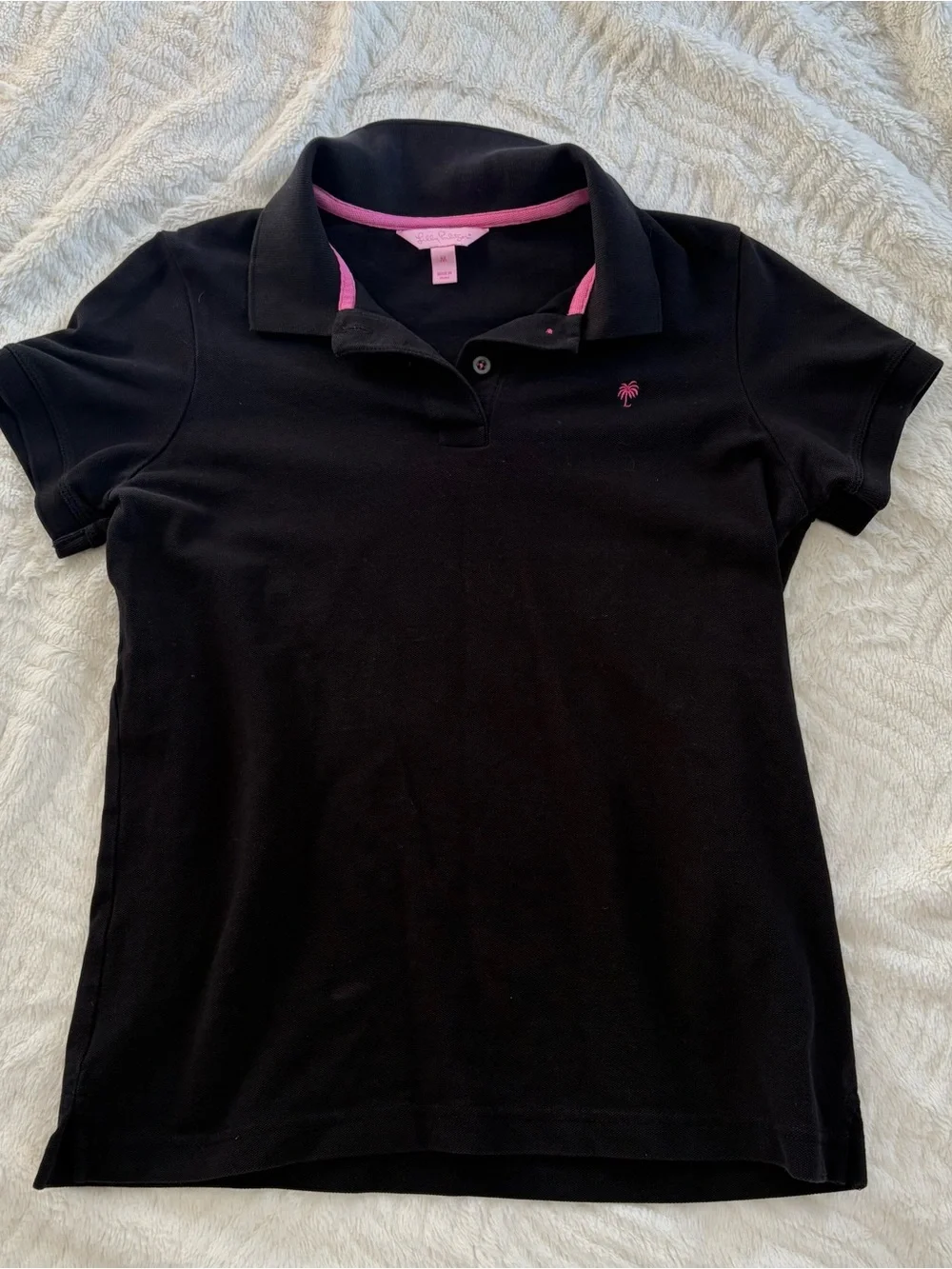 Lilly Pulitzer Black Button-Down Polo with Pink Palm Logo Size Medium